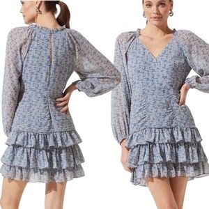 ASTR THE‎ LABEL Blue Floral Ruched Ruffle Mini Long Sleeve Dress Size Large